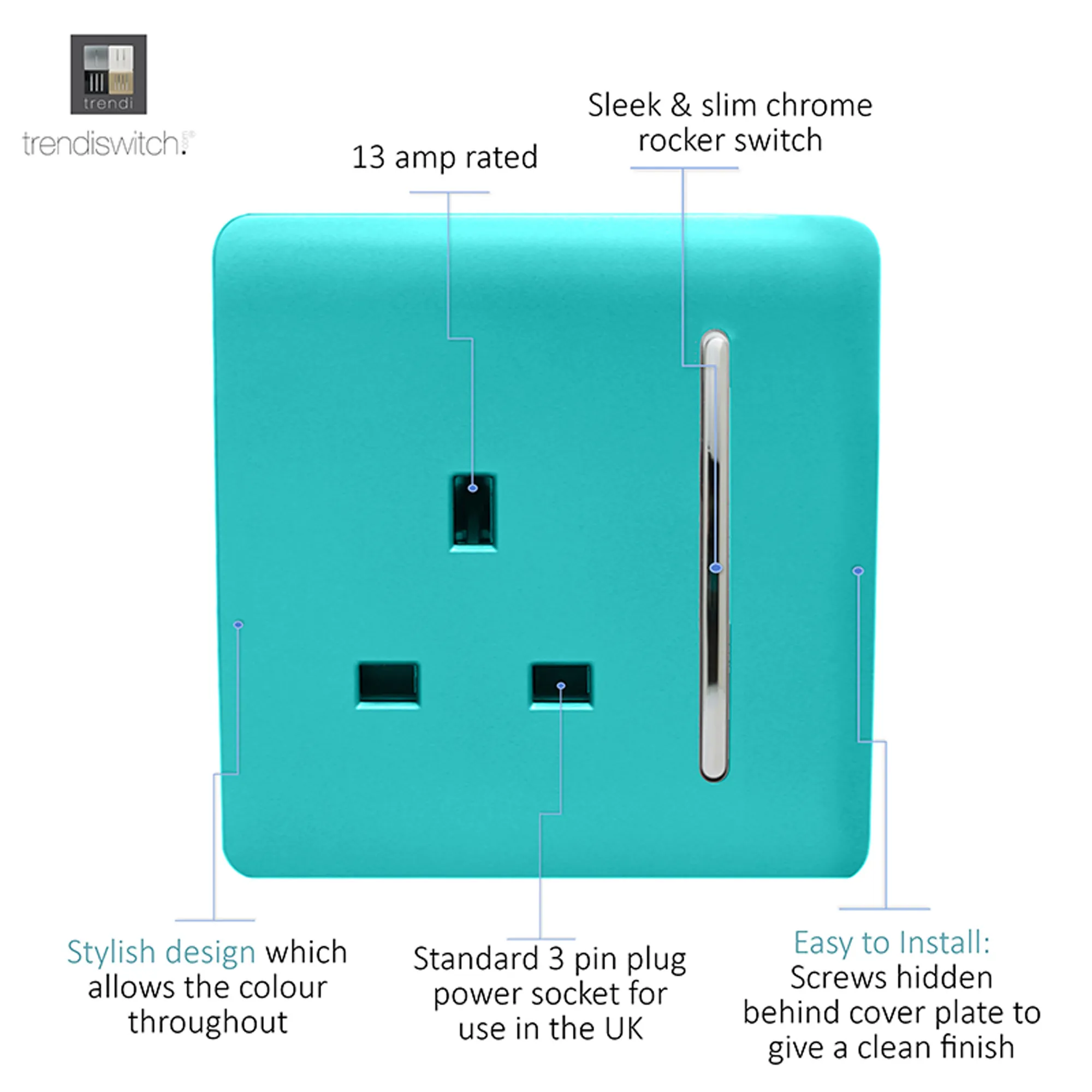 1 Gang 13Amp Switched Single Socket Bright Teal ART-SKT13BT  Trendi Bright Teal